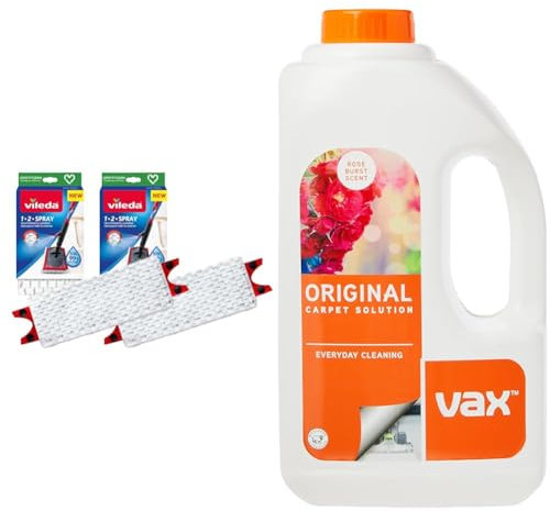 Vileda 1-2 Spray Mop Refill, Pack of 2, 1-2 Spray Mop Head Replacements, Authentic Vileda Mop Head & Vax Original 1.5L Carpet Cleaner Solution | Suitable for Everyday Cleaning - 1-9-142055, White