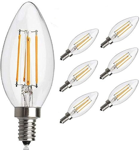 AOOABO TECH Antique LED E12 Base Chandelier Bulb, 2700K 4W (30W Equivalent) Vintage Edison Dimmable Candelabra with Tungsten Filament (6 Pack)