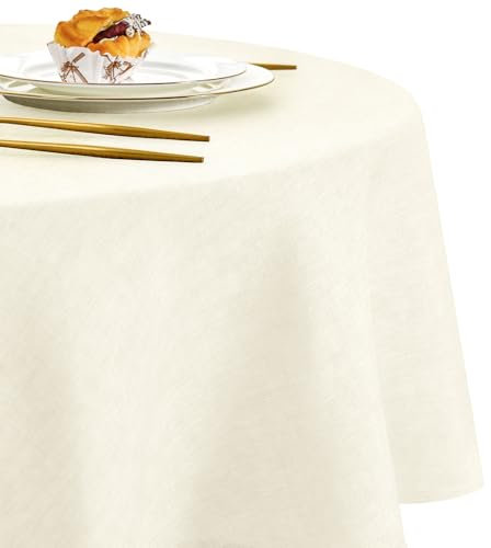 DWCN Nappe Ronde Anti Tache Effet Lin Tissu Lavable et Imperméable, Facile à Laver et Repasser, Nappe pour Salle à Manger, Jardin en Plein Air Jardin, Fête, Mariage ou Maison, Champagne, 180 cm Rond