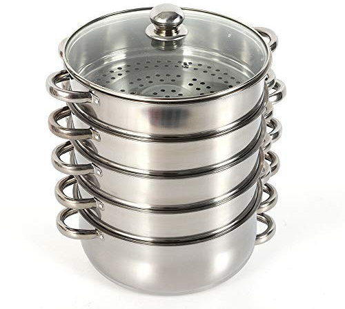 SmPinnaA 26Cm Edelstahl Dampfgarer Glasdeckel 5-Lagen Dampfgarer Slow Cooker Kochtopf Kleingeräte Küche Kaminofen Küchengerät