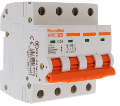 MeanWell Interruttore Magnetotermico Trifase 380V, Curva C 10000A, MCB 4P C20 20A, 4 Poli Occupa 4 Moduli Barra DIN
