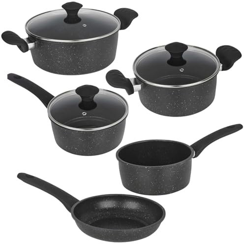 URBN-CHEF 4/5/6/8 Pcs Marble Coated Saucepans, Casserole Pots & Frying Pans Forged Carbon Stainless Steel Non-Stick Induction Cookware Set | Premium Cooking for Gas, Electric, Ceramic Stovetops Base