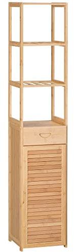 kleankin Badezimmerschrank Badschrank Aufbewahrungsschrank mit Schublade, DREI Ablagen, offenes Fach, Bambus, Schrank Hochschrank für Badezimmer und Wohnzimmer, 32 x 30 x 163 cm Naturholz