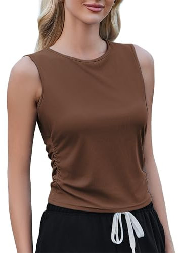 Weardear Sport Tank Tops Damen Yoga Shirt Ärmelloses Crop Top Leichte Lässig Funktions Shirt Gym Tanktop Fitness Oberteile mit Seitfalten Braun M