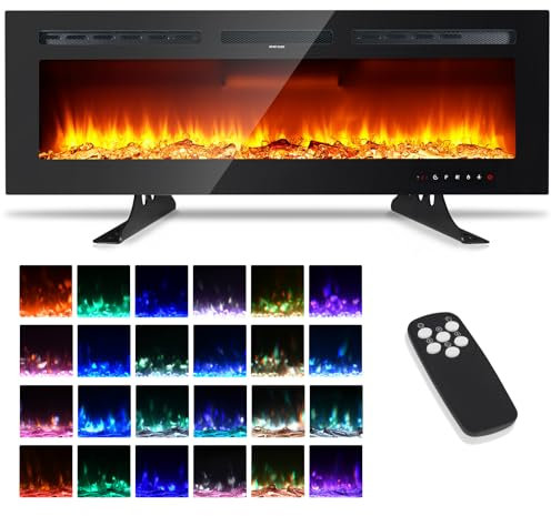 Caminetto Elettrico 3D da Parete, 60 (152 cm), Riscaldamento, 12 Modalità LED Effetto Fiamma, Stufa a Caminetto da 900/1800 W, Installazione a Parete o Incasso, Funzione App, Telecomando, Nero