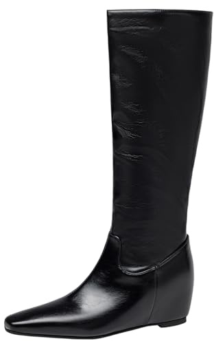 CUTEHEELS Stivali da donna alla moda autunno/inverno caldi interni con zeppa punta punta stivali alti al ginocchio, Nero , 35 EU