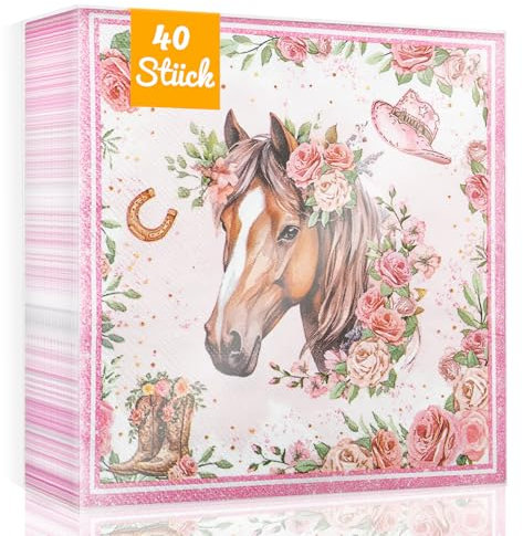 WenmthG 40 Stück Pferd Servietten Kindergeburtstag Deko 33 x 33 cm - 40 Servietten Geburtstag Pferd weich Kein abfärben für Junge Mädchen