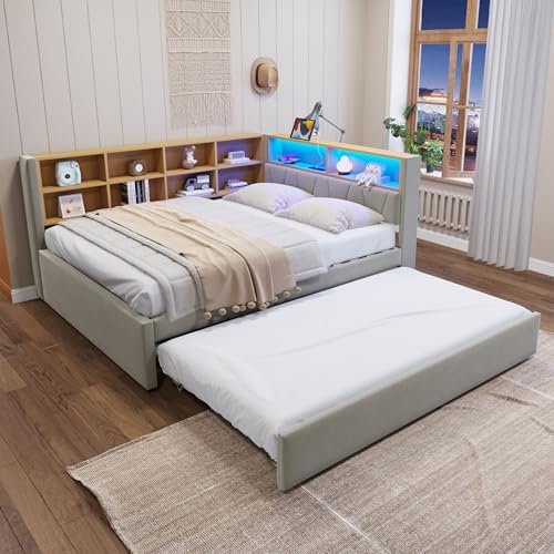 Merax Schlafsofa 140 x 200 cm, mit Ausziehbett 90 x 190 cm, Schlafcouch Ausziehbar mit LED Leuchten und Ablagefächern, Flanell, Hellgrau (Ohne Matratze)