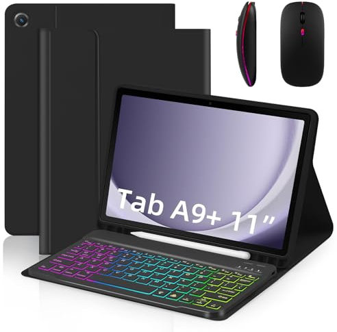 Funda con Teclado, Color Negro, Funda con Teclado para Samsung Galaxy Tab A7 10.4'' 2020 (SM-T500/T505/T507), retroiluminación de 7 Colores, Teclado inalámbrico magnético desmontab