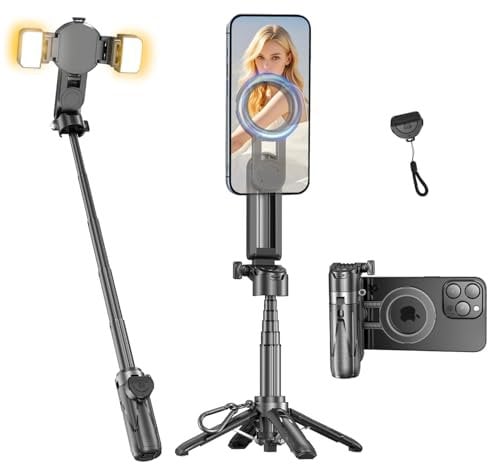 Magnetic Compact Phone Selfie Stick, iPhone Portable Pocket Tripod Stand for Filming, Magnetic Chuck & Clip 2 in 1, with Detachable Remote & 2 Fill Light for Photograph/Live Streaming/Video Recording