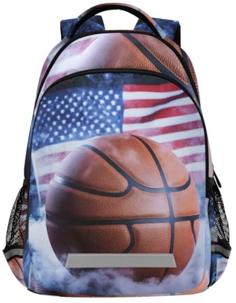 ISAOA Zaino con bandiera americana, basket, nebbia, scuola, per ragazzi, ragazze, bambini, laptop, libri, università, viaggi, zaino casual con striscia riflettente, Bandiera Americana Basket Nebbia