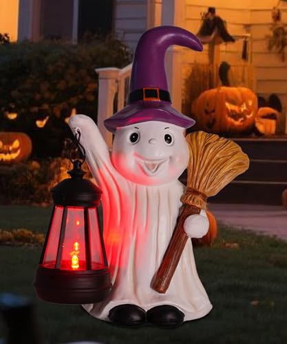 Yeomoo Solar Halloween Geister Figur mit Laterne & Besen - Lustige Geist mit Hexenhut - Ghosts Solarlampe Deko für Garten, Terrasse, Tisch - Wasserdicht Deko Outdoor, Herbstdeko