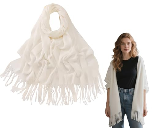 Quorlis Schal Damen Winter - Kuscheliger Langer Winter Schal mit Baumwolle Fransen, Weicher XXL Schal für Frauen, Kaschmir Schal Damen Gefühl, Perfekt für Geschenke & Alltag, Weiß