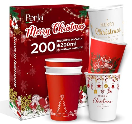 Perla - 200 Bicchieri di Carta da 200 ml Natalizi - Bicchiere Natale Monouso Biodegradabile Ecologico - Adatto per Bevande Fredde e Calde - Bicchieri per Acqua usa e getta 4 Fantasie