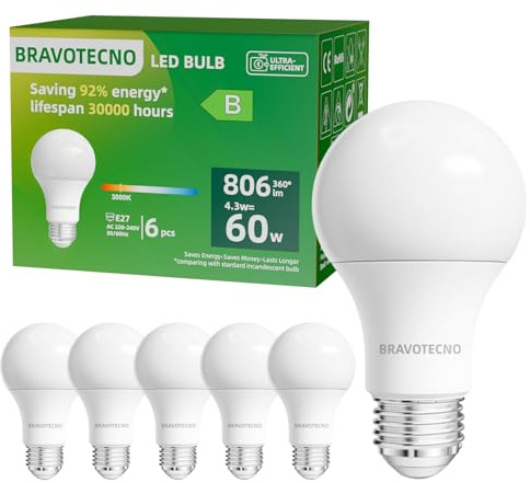 bravotecno E27 LED Glühbirne, Energieklasse B E27 LED Warmweiss, 3000K 4.3W 806LM A60 Warmweiß Leuchtmittel Entspricht 60W, 360° Abstrahlwinkel, Nicht Dimmbar, Wärmearm & Langlebig, 6 Stück