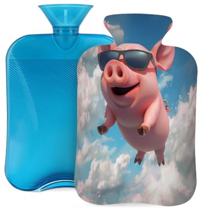 Wärmflasche aus Gummi mit weichem Bezug, niedliches fliegendes Schweinchen mit Sonnenbrille zum Himmel, 2 l Wärmbeutel zur Schmerzlinderung, Wärme- und Kältetherapie