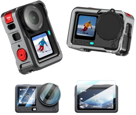 BRDRC Action 6 Camera Cage + Screen Protector Accessories Kit Aluminum Alloy Protective Frame Cage with Silicone Lens Cap Tempered Glass Lens Film for DJI Osmo Action 6 Protection Pack