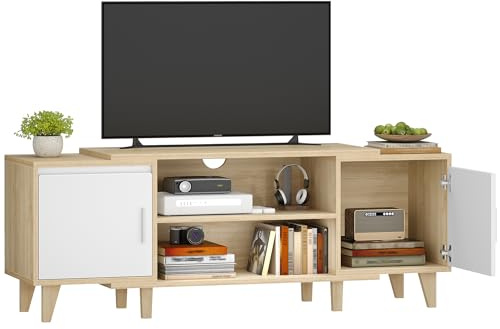 Hzuaneri TV- Schrank, 140 x 40 x 51,5 cm, Weiß-Eichefarbig Fernsehschrank | für TV-Geräte unter 65 Zoll, TV-Ständer mit 2 Schränken und 2 Freiflächen, für Wohnzimmer, Schlafzimmer, Esszimmer, TV16731W