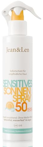 Jean & Len Sensitiv Sonnenspray 50 LSF wasserfest, für empfindliche Haut geeignet, ohne Silikone, Octocrylen & Duftstoffe, vegan, Sprühflasche 250 ml