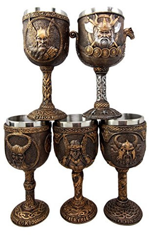 Atlantic Collectibles Norse Mythology Viking Deities Odin Loki Thor Valkyrie Battle Longship 7oz Resin Wine Goblet Chalice Set of 5 With Stainless Steel Liner