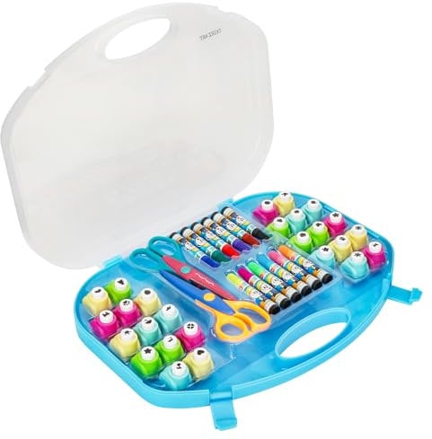 EXERZ Großes Bastler Kunst & Handwerks-Set - Stanzwerkzeuge, Handwerksscheren, Buntstifte und Konfettiherstellung - 40-teiliges Kreativset in Aufbewahrungsbox (Blau)