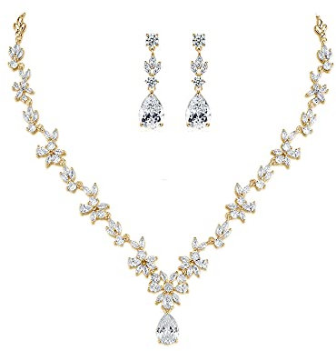 MASOP Bijoux Parure Femme Plaqué Or Collier et Boucles d'oreilles Fleur Feuille Pendentif Goutte d'eau Parures de Mariage Soirée
