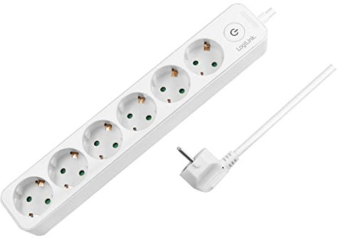 LogiLink LPS247 - Steckdosenleiste 6-Fach (6X CEE 7/3) mit EIN-/Aus Schalter und IP20 Schutz, Kabellänge = 1,5m, weiß