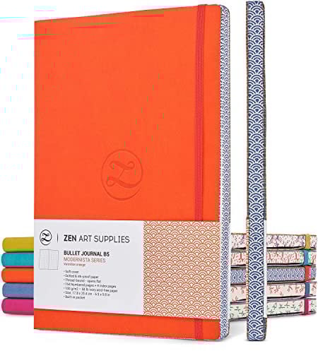 ZenART Punktiertes Notizbuch aus Kunstleder - Größe B5, 17,8 x 25,4 cm, 120g/m² Premiumpapier, Notizbuch mit lebhaften Farben, japanisches Randmotiv - Layflat, Punkt Raster zum Notieren