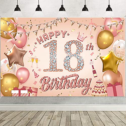 Happy 18th Birthday Banner Rose Gold Birthday Party Decoration Backdrop, 18th Birthday Poster Fabric Banner Photography Background for Girls Women, 110 x 180 cm (18th)