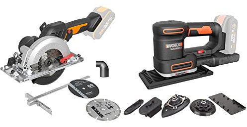 WORX WX531.9 Sierra Circular Brushless Worxsaw 20V S/Bat, 20 V, Negro + WX820.9-Multilijadora 5 en 1 (Orbital, excéntrica, Detalle Curva y Dedo) 20V S/Bat, 20 V, Negro