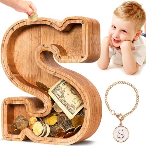Summidate Tirelire Lettre en Bois A-Z - Tirelire Enfant Transparente en Bois Naturel, Cadeau Éducatif avec Autocollants Alphabet, Décoration de Chambre Garçon et Fille