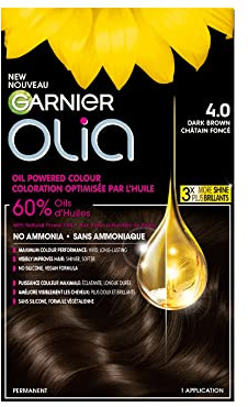 Garnier Olia Hair Dye, Hair Colour, 100% Grey Coverage, No Ammonia, Oil-Powered for Luminous, Long-Lasting, Vibrant Hair Color, Shade: 4.0 Dark Brown