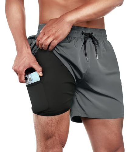 ineepor Badehose Herren mit Kompression Badehose mit innenhose Board Shorts 2 in 1 Reißverschlusstasche kurz Badehose