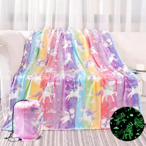 Tociwih Einhorn Geschenk für Mädchen, Glow in The Dark Einhörner Fleecedecke für Bett Couch Sofa, Ultraweich und Gemütlich Flauschige Decke für Kinder (Unicorn-2)