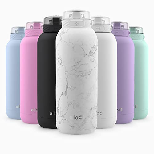 Ello Cooper 32oz Stainless Steel Water Bottle with Straw and Carry Handle, Double Walled and Vacuum Insulated Metal, Leak Proof Locking Lid with Soft Silicone Spout, Reusable, BPA Free, White Marble