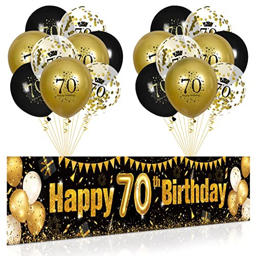 70. Geburtstag Party Deko für Mann Fraue Schwarzes Gold, Luftballons 70. Geburtstag Schwarz Gold Banner und 18 PCS 70. Happy Birthday Konfetti Ballons für Deko 70 Jubiläum Geburtstagsparty Dekoration