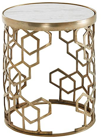 KADIMA DESIGN Beistelltisch Alba Echter Marmor Weiß 46x46x55 cm | Kleiner Anstelltisch Rund | Moderner Couchtisch Hoch mit Metallgestell in Gold