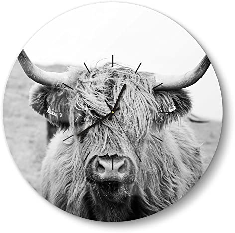 DEQORI Glasuhr | rund Ø 50 cm | Motiv Zotteliges Hochlandrind | große XXL Design Uhr aus Glas | leise Wanduhr für Wohnzimmer & Küche | moderne Hingucker Uhr für die Wand