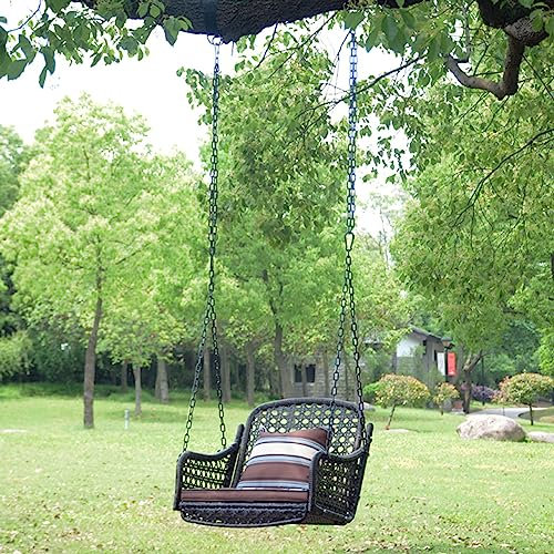 Fadiadem Außenterrasse Schaukelstuhl Veranda Hängebank, Hängeschaukel für 2-3 Personen mit weichen Sitzkissen und Ketten, Heavy Duty Garten Rattan Schaukel Lounge, für Balkon/Garten/Wohnzimmer/Rasen