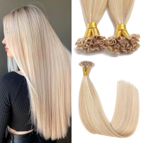 Sindra U Tip Extensions Real Human Hair Caramel Blonde Highlights Bleach Blonde 50g 20 Inch Pre Bonded Fusion Human Hair Extensions #27/613 20inch