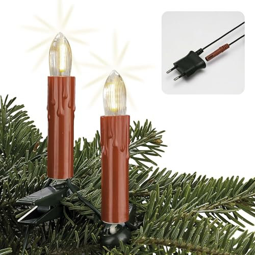 hellum Lichterektte innen Made in Germany, 30 tlg. Weihnachtsbaum LED Filament Riffelkerzenkette, Lichterkette rot mit Wachstropfenoptik, LED Lichterkette klar, Kabelfarbe grün <59 Lumen 814071