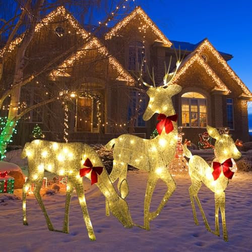 YuuFcy Christmas Reindeer Light up Deer Set of 3 Christmas Light Up Reindeer Family Outdoor Decoration,Mains Powered LED Twinkling Reindeer for Home and Garden (A)