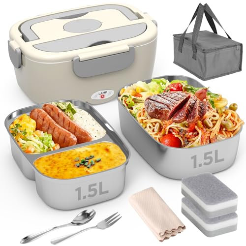 Geveniss Electric Lunch Box Food Heater - 80W Fast Heating Lunch Box (12V/24V/110V) - Dual 1.5L SS Containers - Portable Food Warmer for Car, Truck, Office, Travel Use - Ideal for Men, Women, Adults