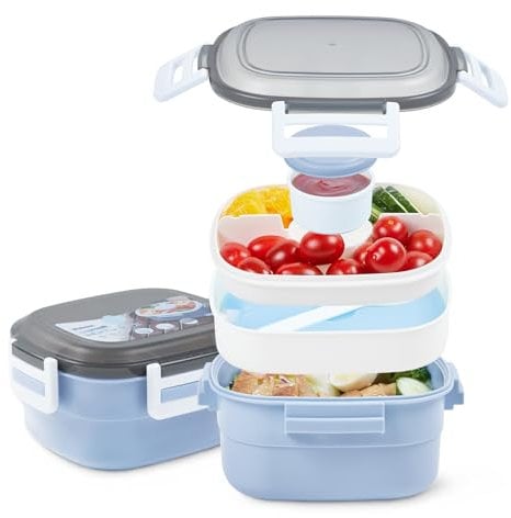 Wohntec Salatbehälter Bento Box, 1600 ML Salatbox für Erwachsene Kinder mit Kühlakku, Göffel und Dressingbehälter, 4 Fächern Lunchbox, Auslaufsicher Brotdose für Schule Büro Picknick, Blau