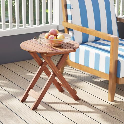 GOPLUS Table Pliante Exterieur Bois Pliable Robuste, 46 x 46 x 45 CM, Table Basse Exterieur Bois d’Acacia Terrasse Portable avec Plateau Rond à Lattes, pour Piscine, Patio et Camping, Charge 75KG