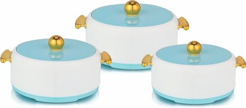 Casserole Pot Serving Dishes with Lids - 3pc Hot Pot Food Container Set Stainless Steel Inner (Blue 3pc Set 1L/2L/3L)