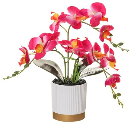 Fiore Artificiale di Orchidea a Tre Punte Arancione in Vaso con Fondo Dorato Fiore Decorativo Phalaenopsis con Vaso di Fiori Farfalla di Simulazione Bianco (rosso)