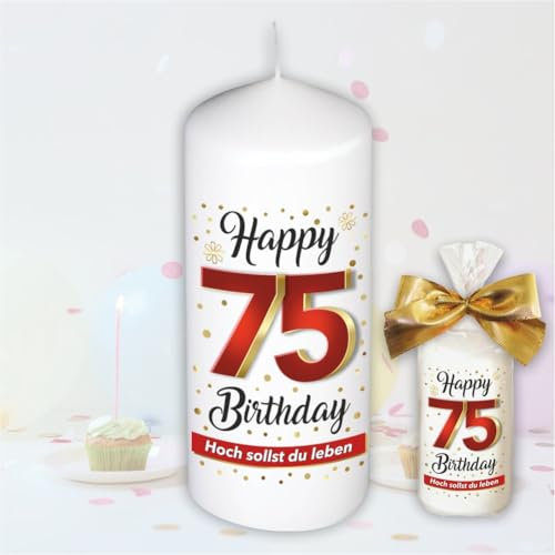 Stumpenkerze - Geburtstagskerze zum 75. Geburtstag, Happy Birthday - Für Dich | Motive auf Tattoofolie | Geschenkfolie und goldener Schleife | Kerze mit Geburtstagszahl Zahl in Geschenkverpackung