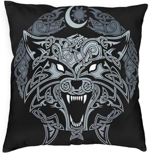 Federa per Cuscino con Stampa Nordica Fenrir Totem, Vichingo 3D Odino Lupo Hip Hop Punk Teen, Federa con Cerniera Invisibile Quadrata da 18x18 Pollici(Wolf B)