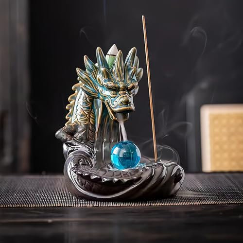 Sevitini Brûleur encens Cascade, Dragon Incense Burner céramique,avec 60 cônes d'encens Cascade +30 bâtons d'encens, Fontaine encens cascad, pour la Maison,Bureau,Chambre (Bleu)